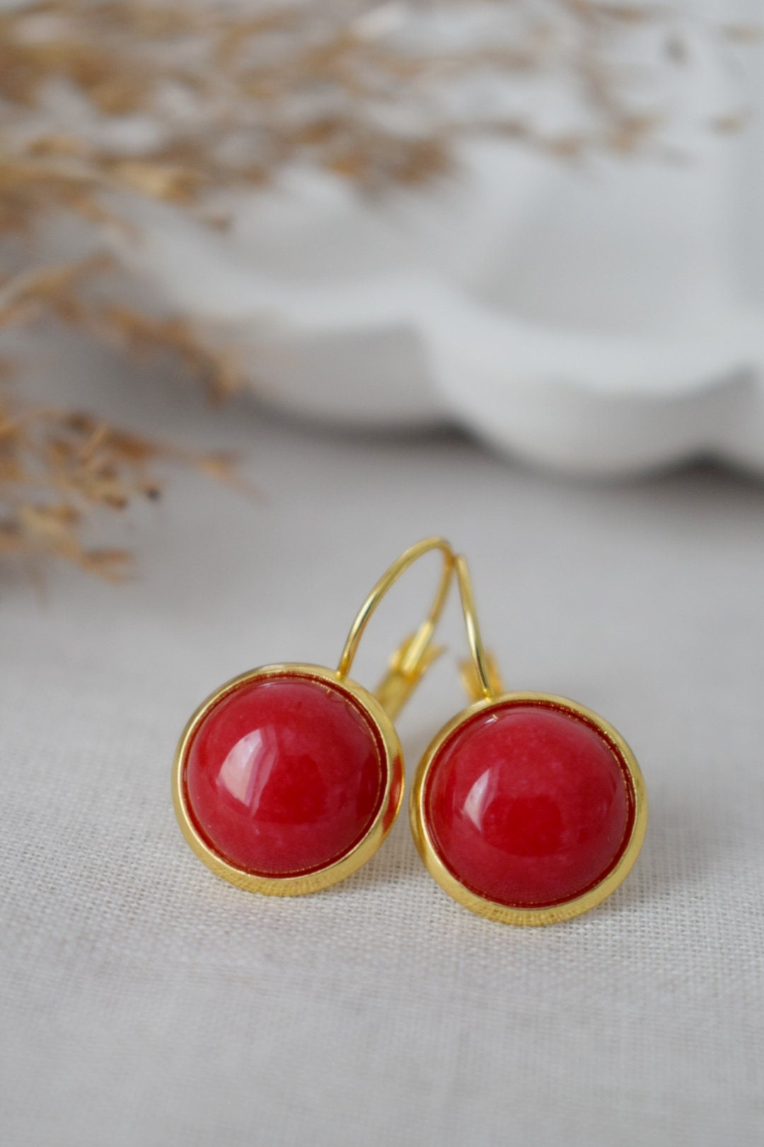 Red Jade Earrings Gold, 12mm Gemstone Dangle Earrings, Stone Hanging Earrings, Red Stone Lever Back Earrings, Jade Jewelry, Gift For Her