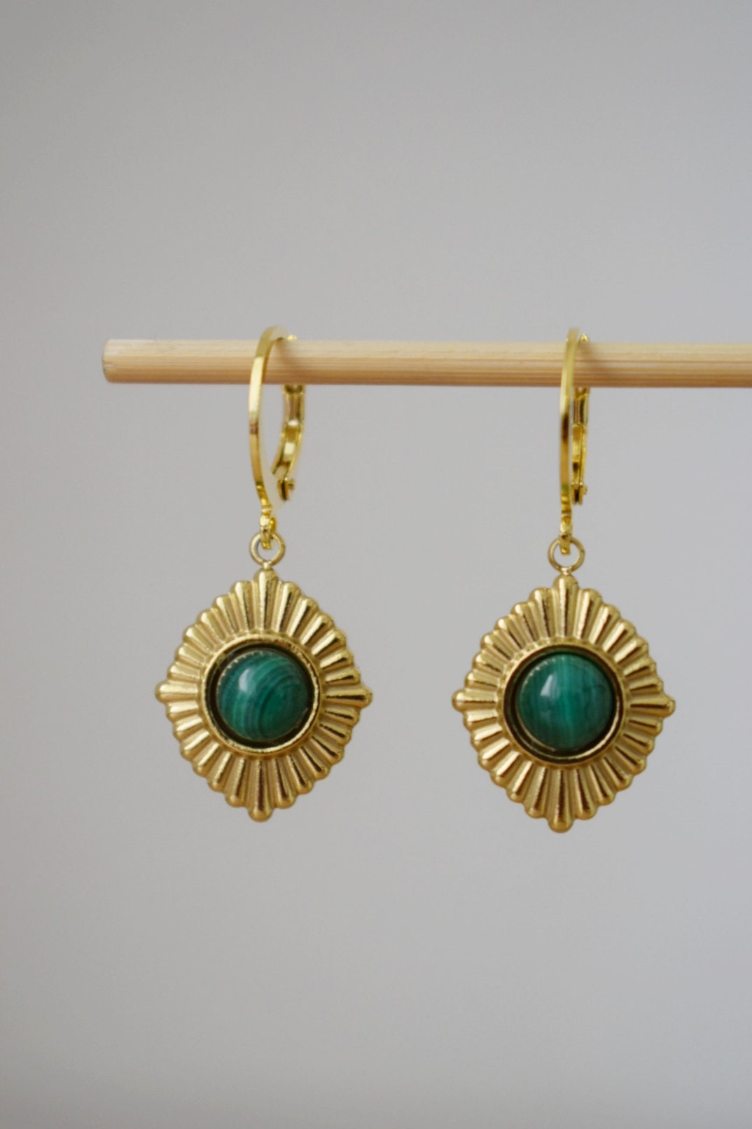 Malachite earrings, Ornament dangling earrings, Gemstone huggie hoops, Green natural stone, Art deco jewelry, Unique gift for her