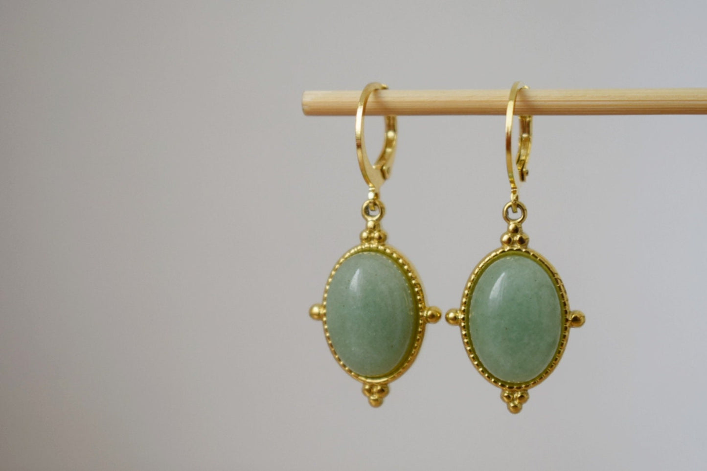 Aventurine earrings, Oval dangle earrings, Green gemstone, 24k gold plated stainless steel huggie hoops, Unique Aventurine jewelry