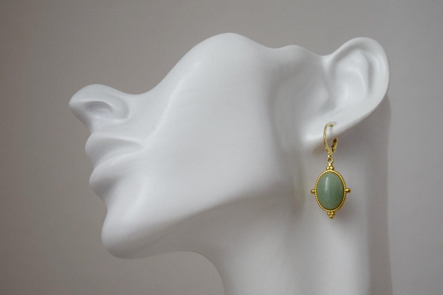 Aventurine earrings, Oval dangle earrings, Green gemstone, 24k gold plated stainless steel huggie hoops, Unique Aventurine jewelry