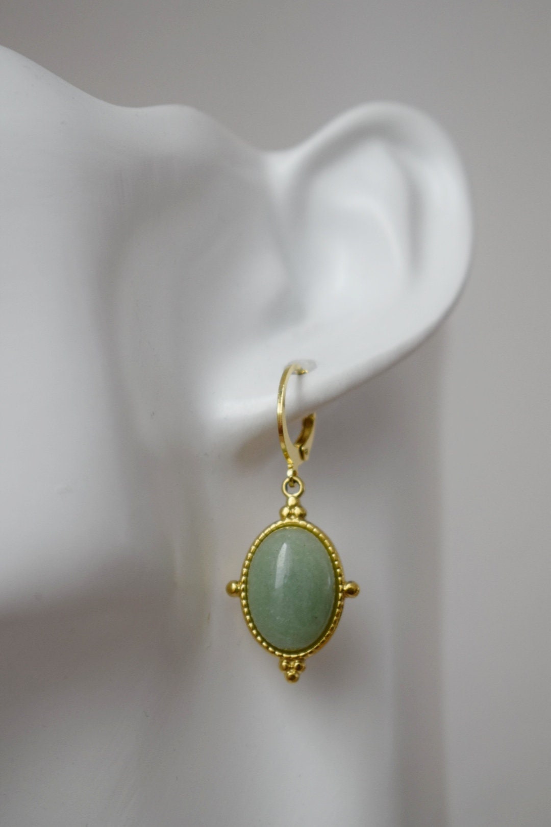 Aventurine earrings, Oval dangle earrings, Green gemstone, 24k gold plated stainless steel huggie hoops, Unique Aventurine jewelry