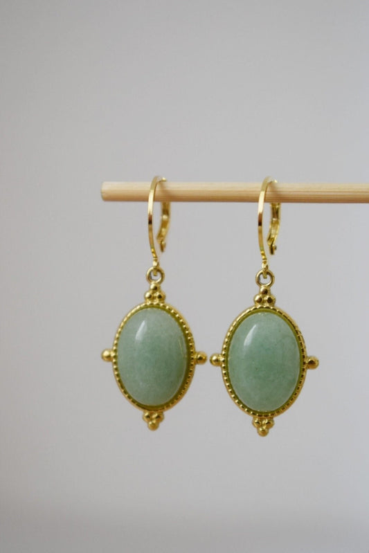 Aventurine earrings, Oval dangle earrings, Green gemstone, 24k gold plated stainless steel huggie hoops, Unique Aventurine jewelry