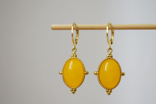 Yellow jade earrings, Oval gemstone dangle earrings, Boho chic earrings, Ornament unique jewelry gift for her