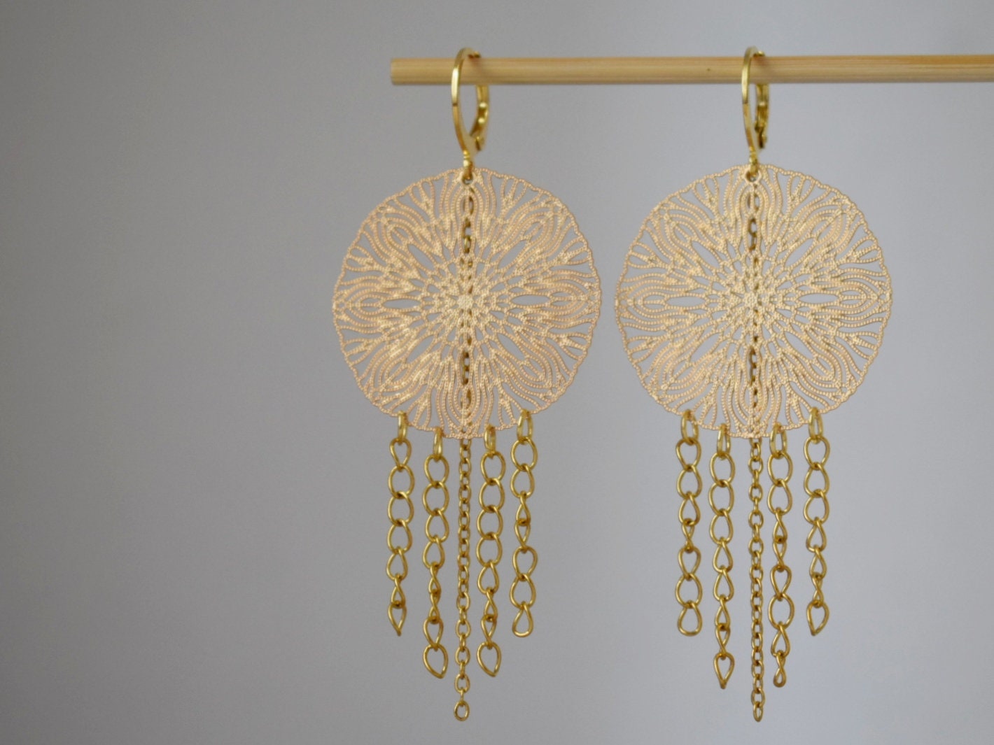 Ornament earrings for women, Mandala golden huggies, Stainless steel chain earrings, Long Boho filigree earrings, Mandala jewelry gift her