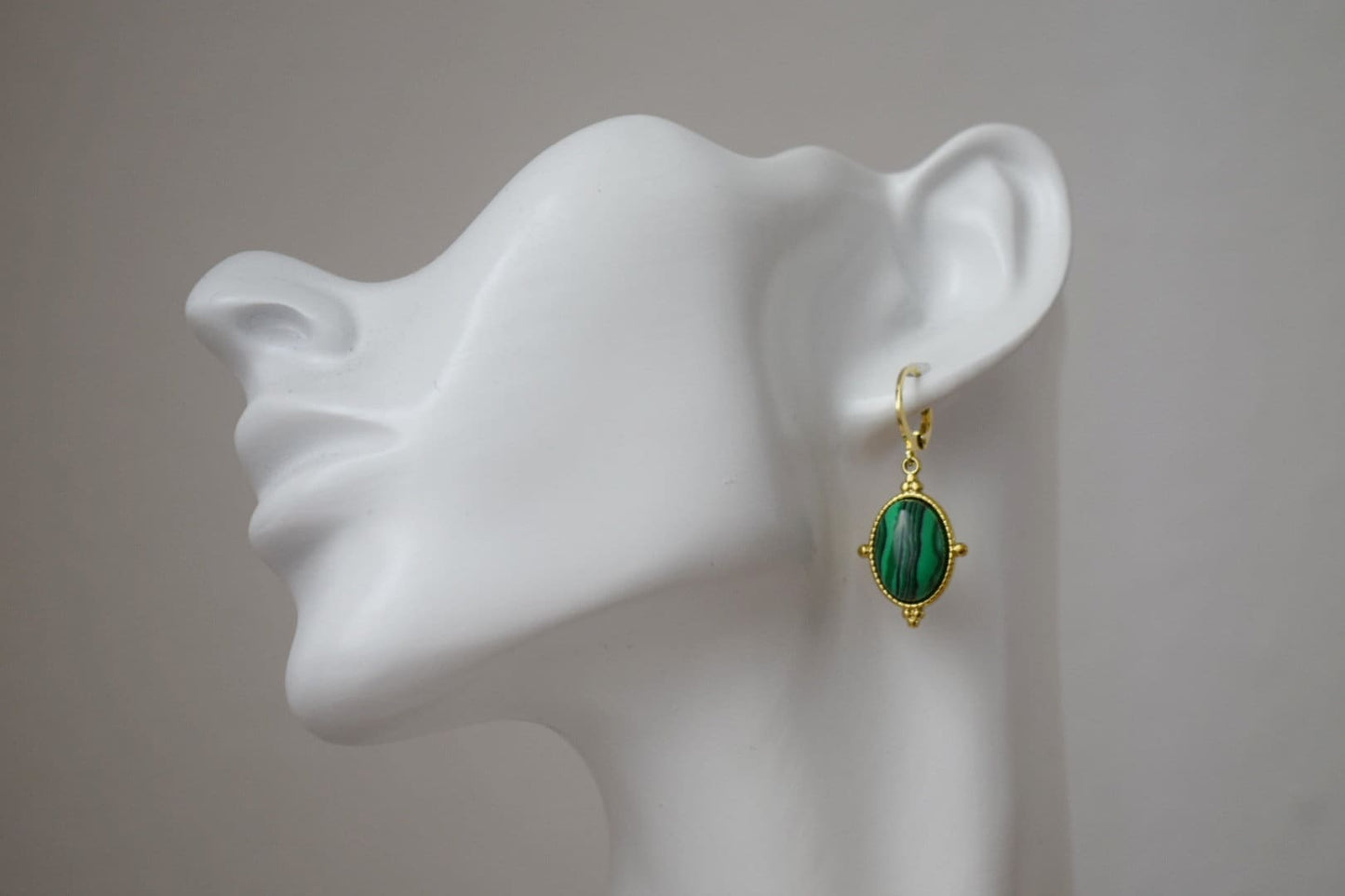 Ornament Malachite Huggie Earrings, Green gemstone dangle earrings, Boho chic hoop earrings, Unique jewelry gift for her, Mother's day gift