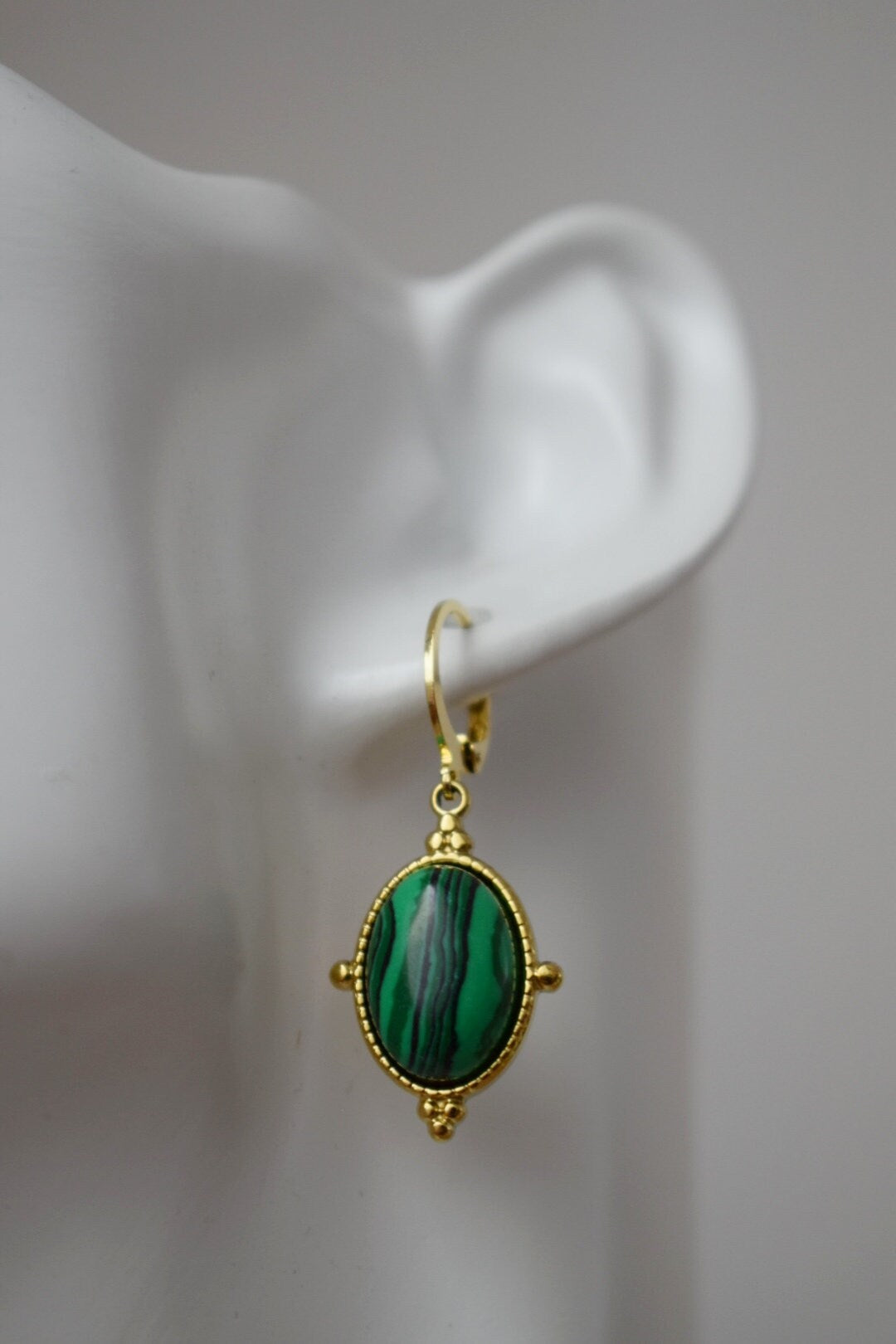 Ornament Malachite Huggie Earrings, Green gemstone dangle earrings, Boho chic hoop earrings, Unique jewelry gift for her, Mother's day gift