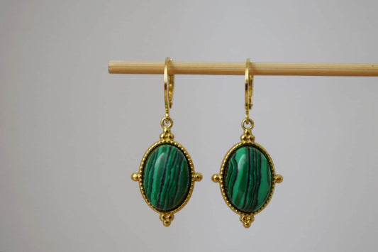 Ornament Malachite Huggie Earrings, Green gemstone dangle earrings, Boho chic hoop earrings, Unique jewelry gift for her, Mother's day gift