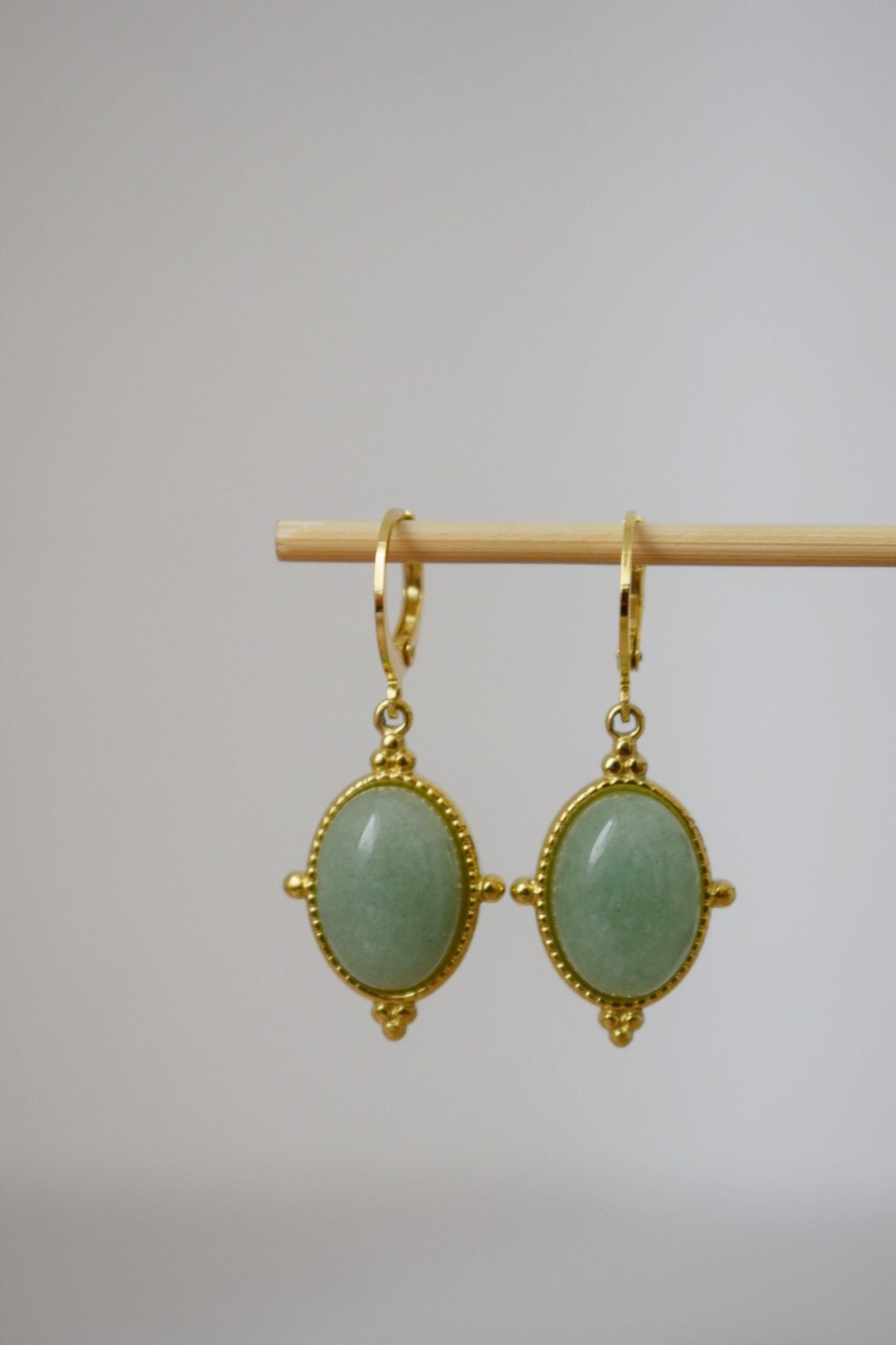 Aventurine earrings, Oval dangle earrings, Green gemstone, 24k gold plated stainless steel huggie hoops, Unique Aventurine jewelry