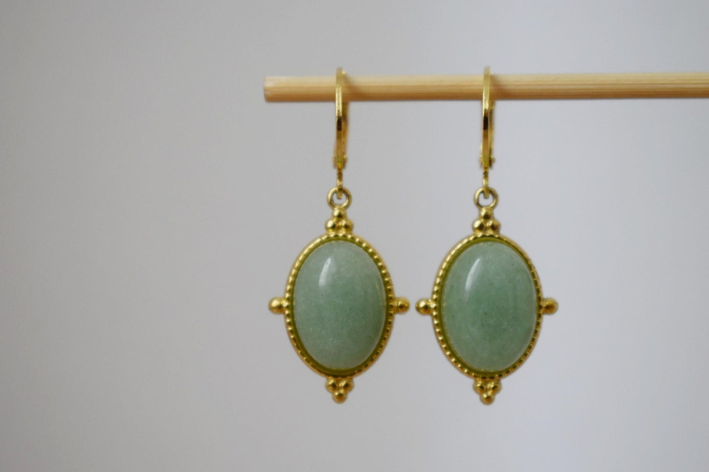 Aventurine earrings, Oval dangle earrings, Green gemstone, 24k gold plated stainless steel huggie hoops, Unique Aventurine jewelry