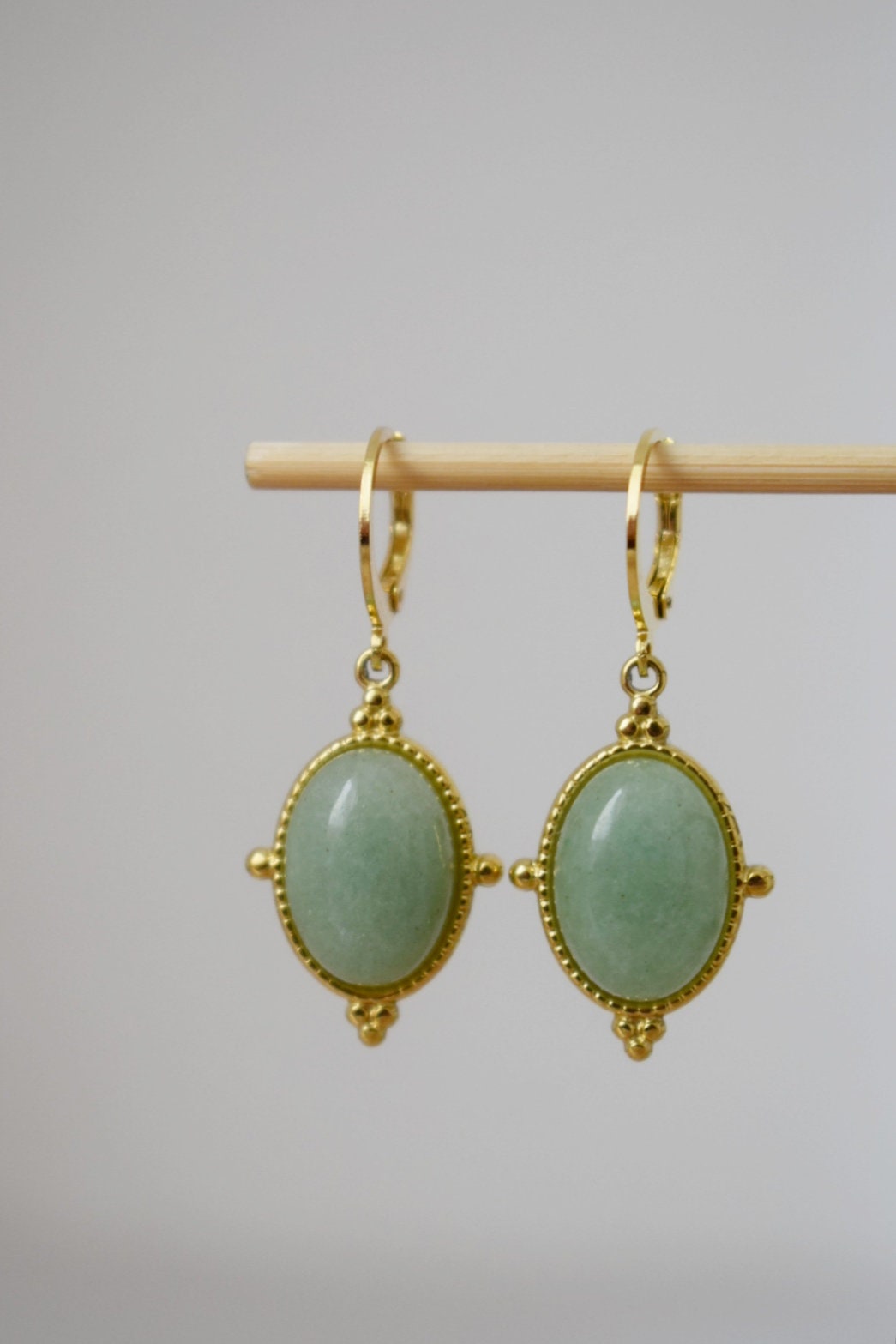 Aventurine earrings, Oval dangle earrings, Green gemstone, 24k gold plated stainless steel huggie hoops, Unique Aventurine jewelry