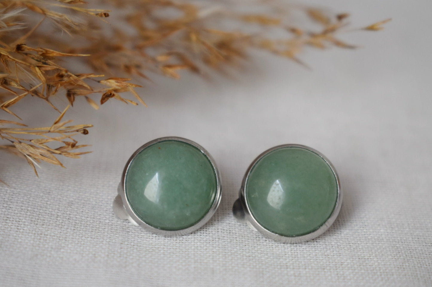 Green aventurine clip on earrings for women, Natural stone, Gemstone ear clips, Surgical stainless steel, Non pierced earrings, Gift for her