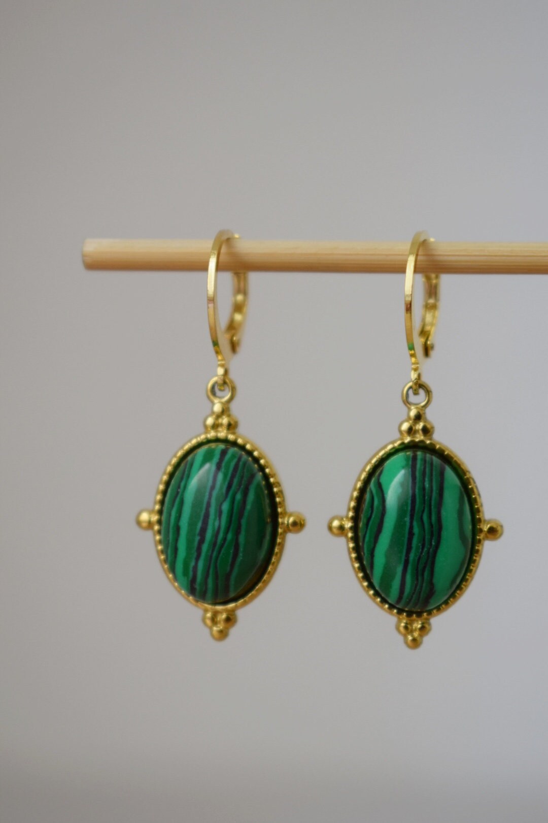 Ornament Malachite Huggie Earrings, Green gemstone dangle earrings, Boho chic hoop earrings, Unique jewelry gift for her, Mother's day gift
