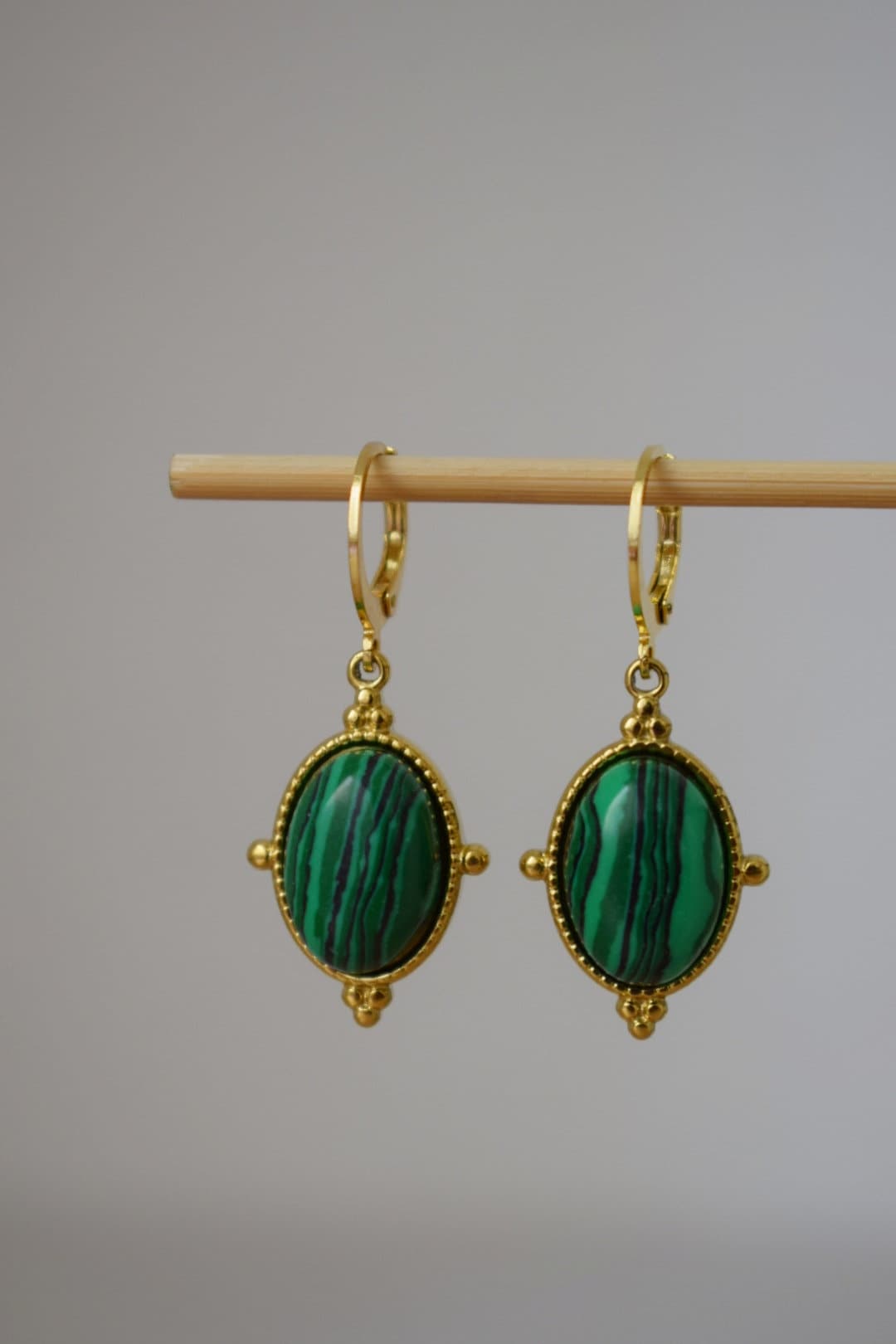 Ornament Malachite Huggie Earrings, Green gemstone dangle earrings, Boho chic hoop earrings, Unique jewelry gift for her, Mother's day gift