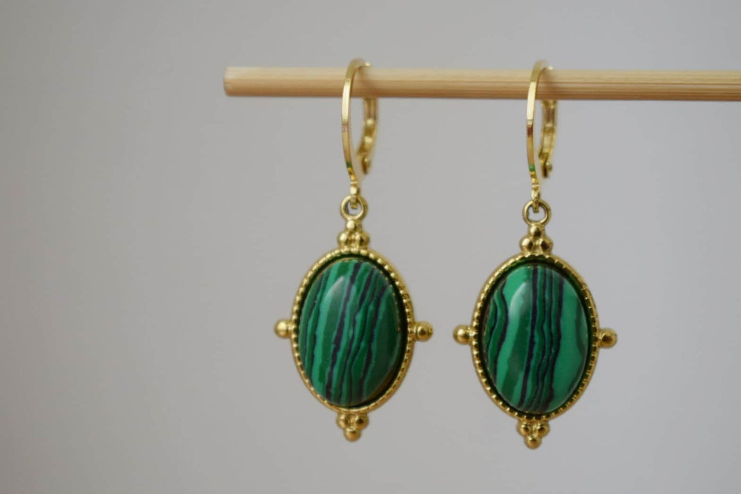 Ornament Malachite Huggie Earrings, Green gemstone dangle earrings, Boho chic hoop earrings, Unique jewelry gift for her, Mother's day gift