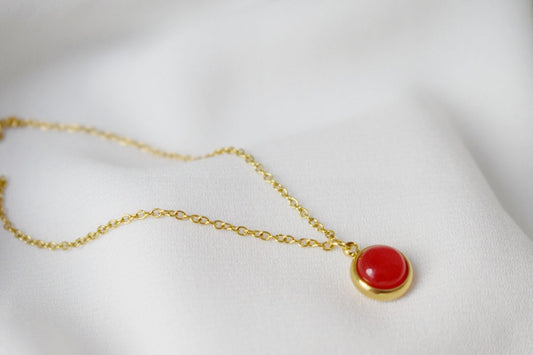 Red jade necklace, Minimalist gemstone necklace, Small red pendant necklace, Layered necklace, Jade gold plated jewelry, Gift for her