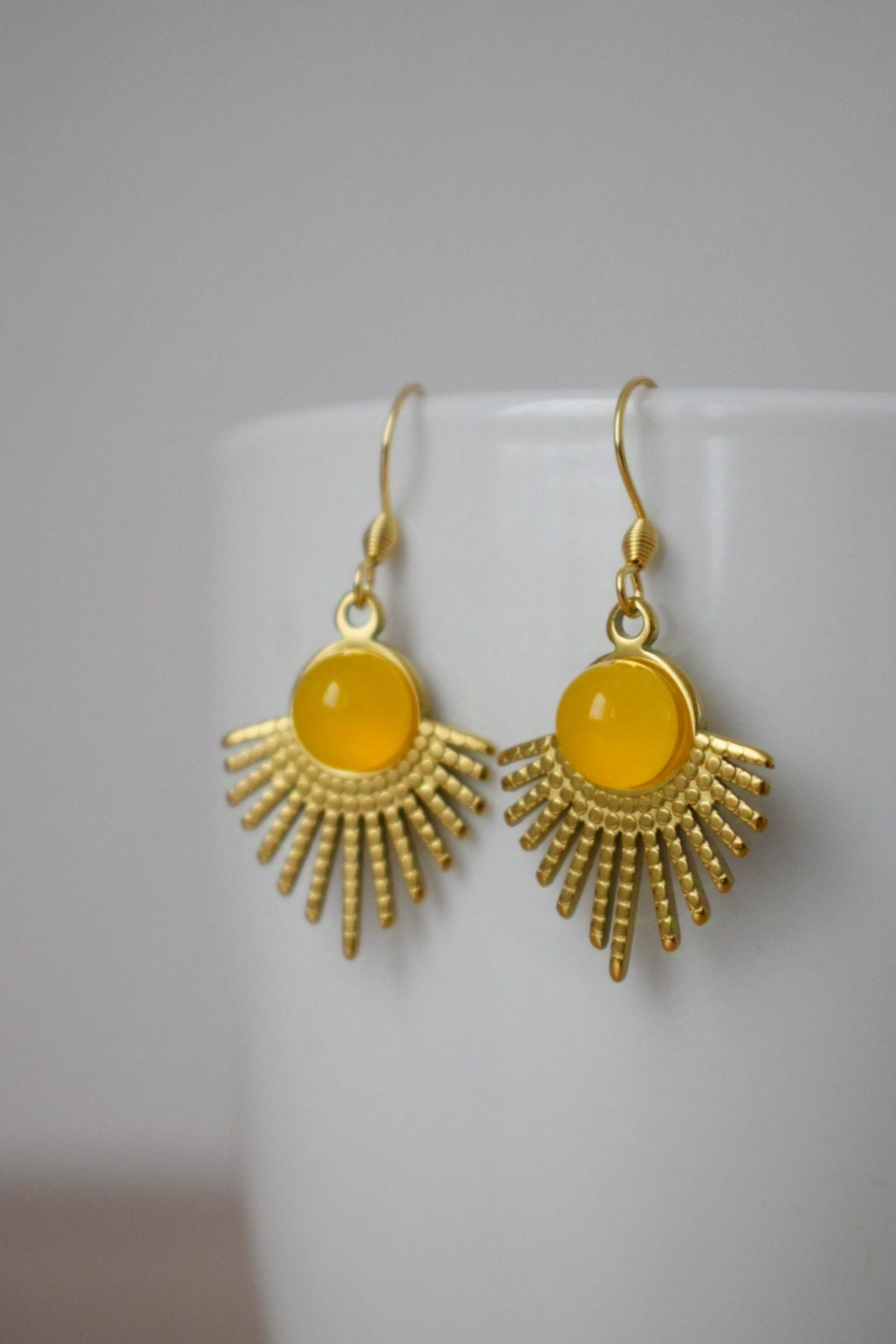 Sun earrings, Yellow agate earrings, Sun rays earrings, Sunburst, Gemstone earrings, Celestial, Gold plated glowing jewelry, Gift for her