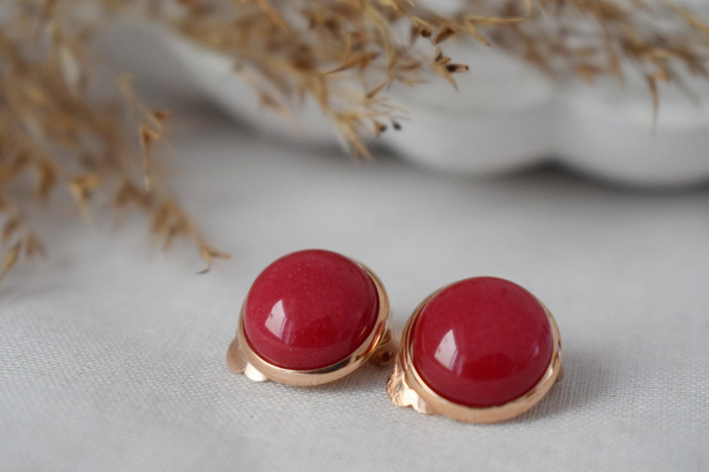 Red jade clip on earrings, Rose gold clip on earrings, Gemstone earrings, Non pierced earrings women girl, Bridesmaid Jewelry, Gift for her