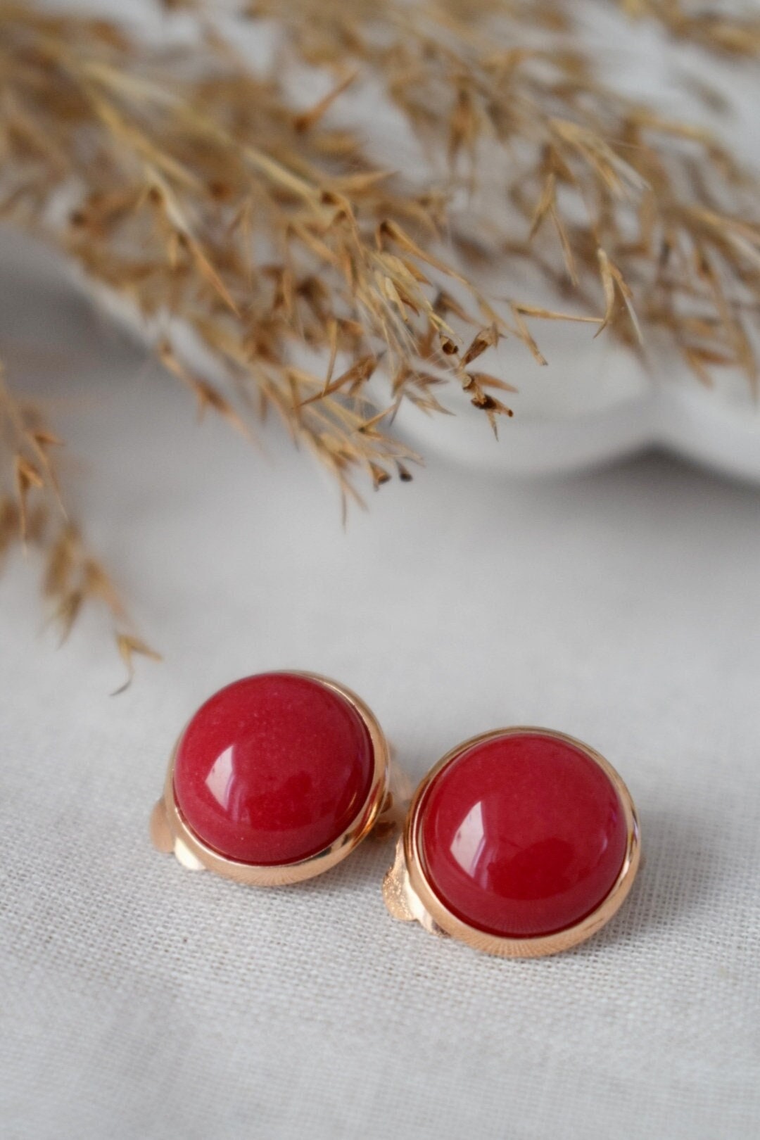 Red jade clip on earrings, Rose gold clip on earrings, Gemstone earrings, Non pierced earrings women girl, Bridesmaid Jewelry, Gift for her