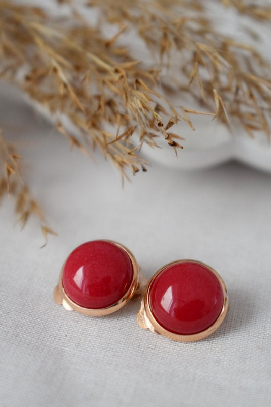 Red jade clip on earrings, Rose gold clip on earrings, Gemstone earrings, Non pierced earrings women girl, Bridesmaid Jewelry, Gift for her
