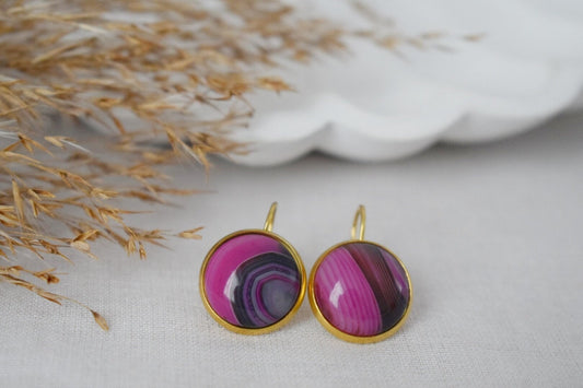 Pink Earrings Banded Agate, Gemstone lever back earrings, Pink Gold, Stainless Steel, Stone dangle earrings, Unique Jewelry, Gift for her