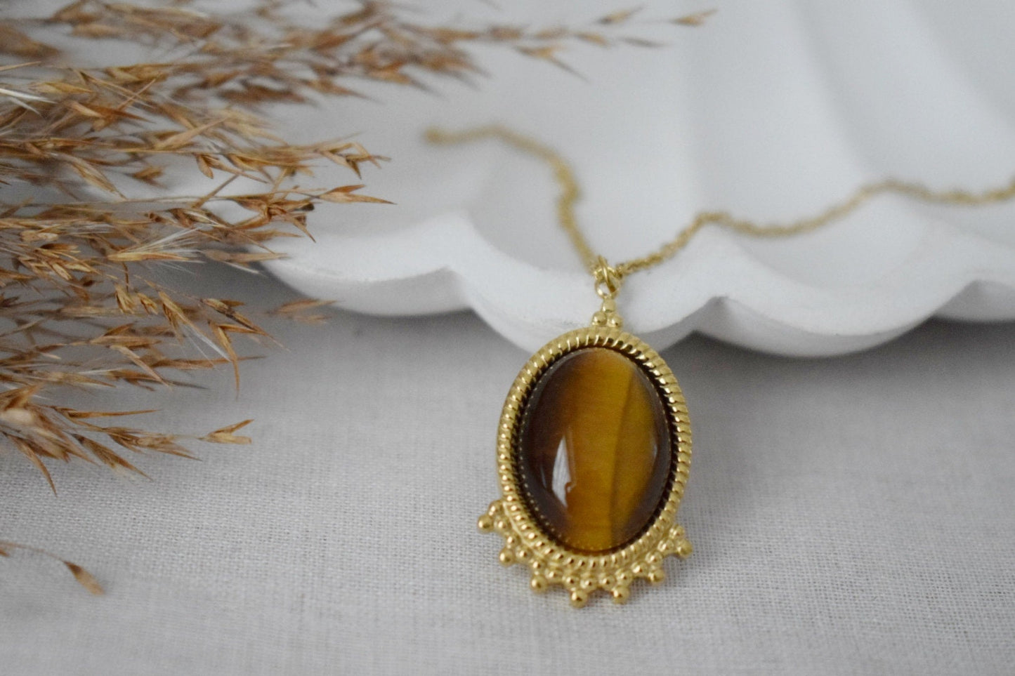 Tigers Eye Necklace Gold, Oval Gemstone Victorian Necklace For Women, Unique Pendant, Stone Statement Necklace, Best Jewelry Gift For Her