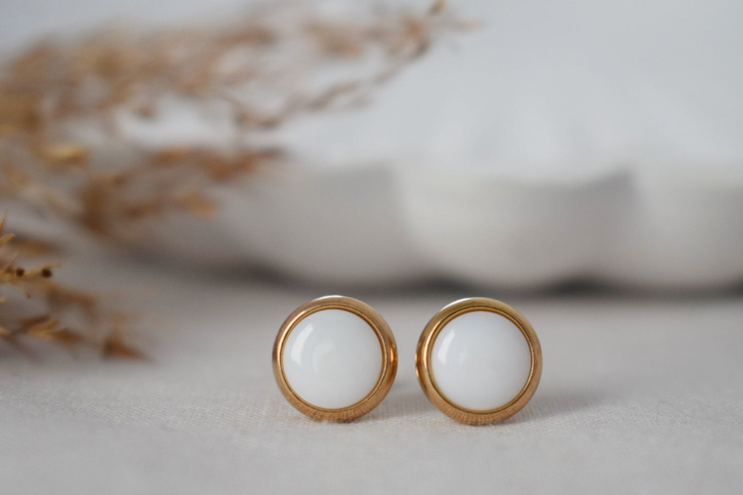 Mother of pearl stud earrings, Rose Gold, Small stud earrings, 8mm, White pearl, Round, Stainless steel, Pearl rose gold jewelry, Gift women