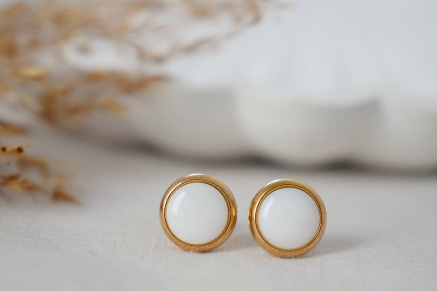 Mother of pearl stud earrings, Rose Gold, Small stud earrings, 8mm, White pearl, Round, Stainless steel, Pearl rose gold jewelry, Gift women