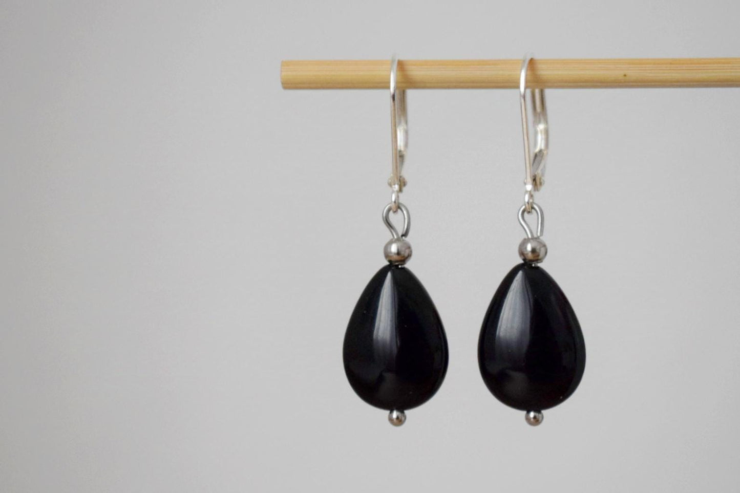 Black onyx teardrop earrings, Sterling silver huggies, Gemstone dangle drop earrings, Boho chic jewelry, Handmade gift for women