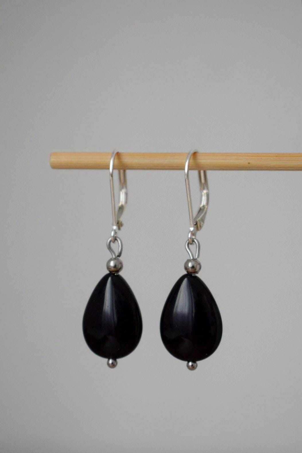 Black onyx teardrop earrings, Sterling silver huggies, Gemstone dangle drop earrings, Boho chic jewelry, Handmade gift for women