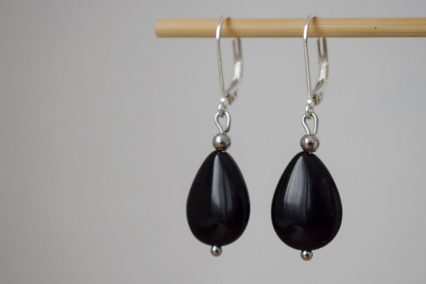 Black onyx teardrop earrings, Sterling silver huggies, Gemstone dangle drop earrings, Boho chic jewelry, Handmade gift for women