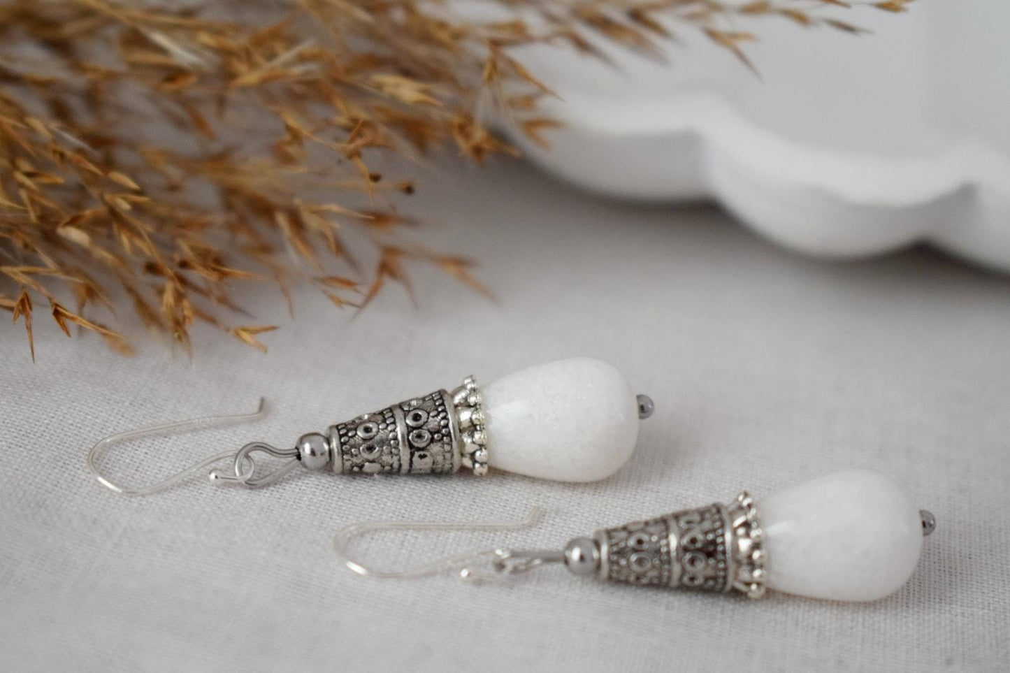 White Jade Teardrop Earrings Gift For Women, Vintage, Sterling Silver Dangle Drop Earrings, Boho Chic Earrings, Gemstone Handmade Jewelry