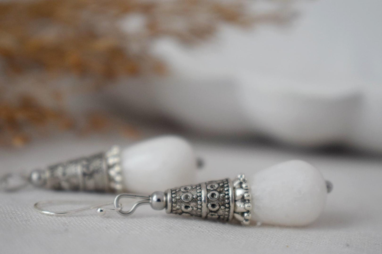 White Jade Teardrop Earrings Gift For Women, Vintage, Sterling Silver Dangle Drop Earrings, Boho Chic Earrings, Gemstone Handmade Jewelry