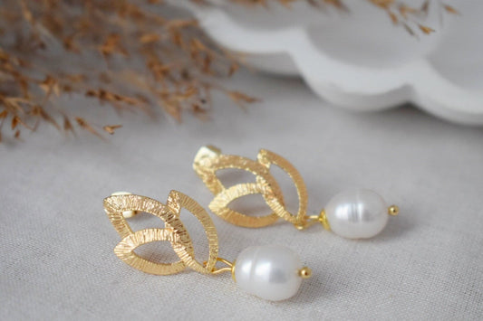 Leaf stud earrings with freshwater pearl, Art nouveau dangle earrings, Wedding Jewelry, Best gift for her