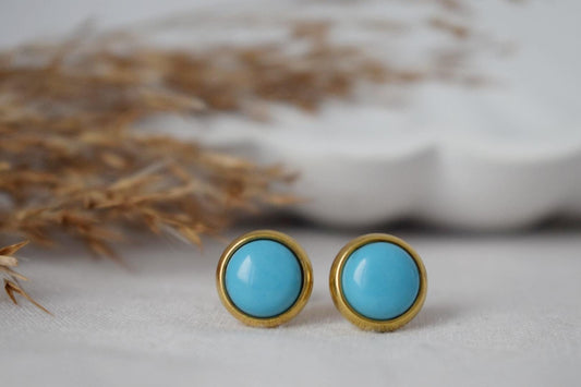 Turquoise Stud Earrings, Small Round Gemstone Earrings, 8mm Push Back Post Earrings, Unisex Gift Jewelry, Best Christmas Jewelry Gift