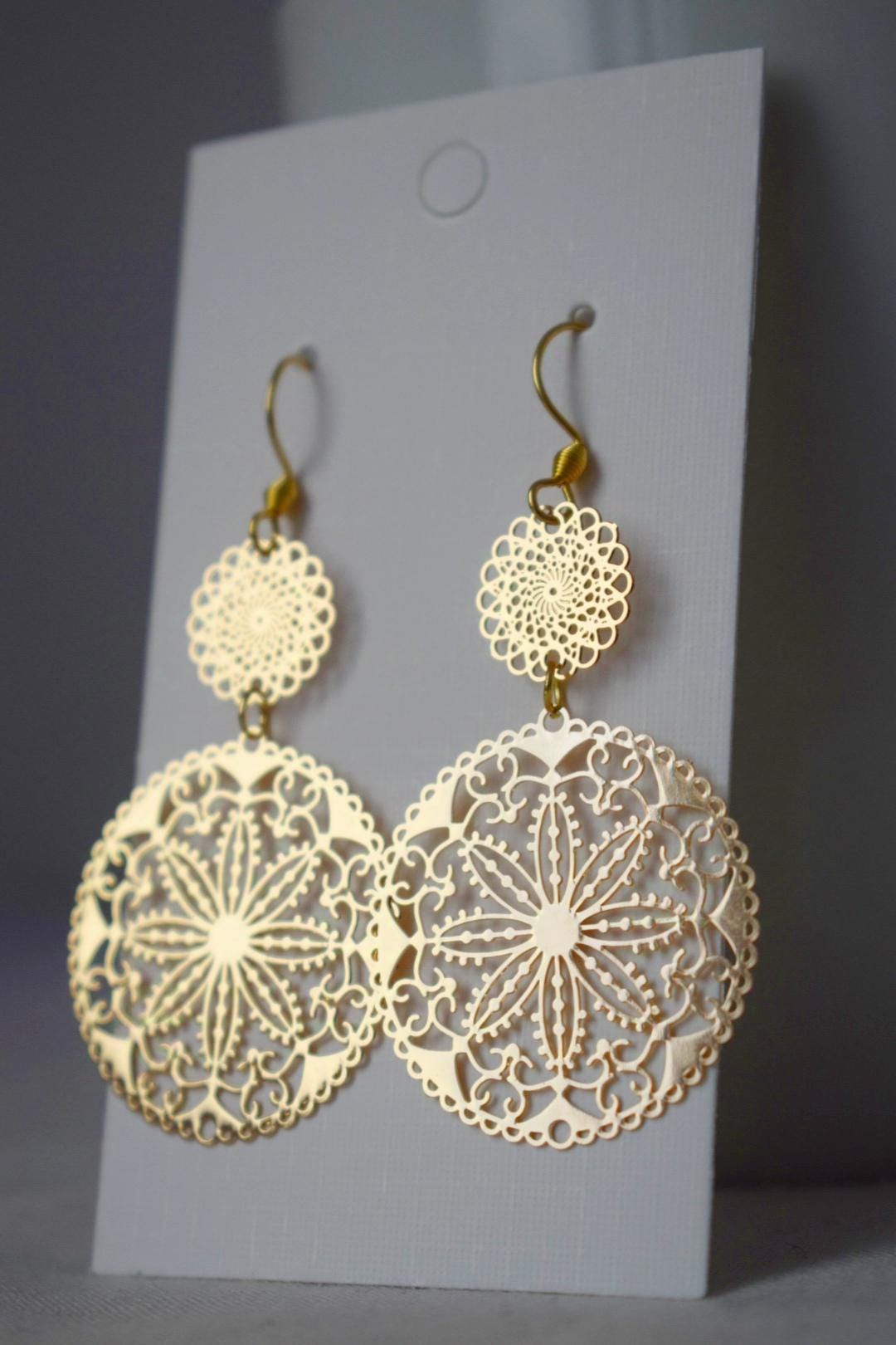 Ornament earrings for women, Long mandala golden filigree earrings, Boho dangle earrings, Stainless steel earrings, Jewelry gift for her
