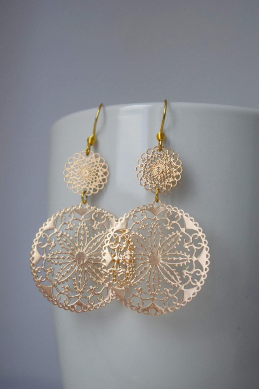Ornament earrings for women, Long mandala golden filigree earrings, Boho dangle earrings, Stainless steel earrings, Jewelry gift for her