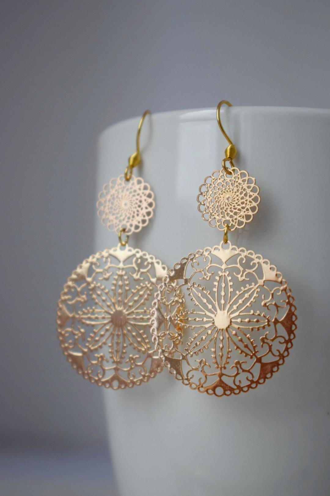 Ornament earrings for women, Long mandala golden filigree earrings, Boho dangle earrings, Stainless steel earrings, Jewelry gift for her