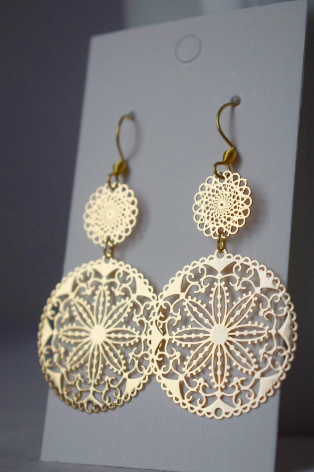 Ornament earrings for women, Long mandala golden filigree earrings, Boho dangle earrings, Stainless steel earrings, Jewelry gift for her