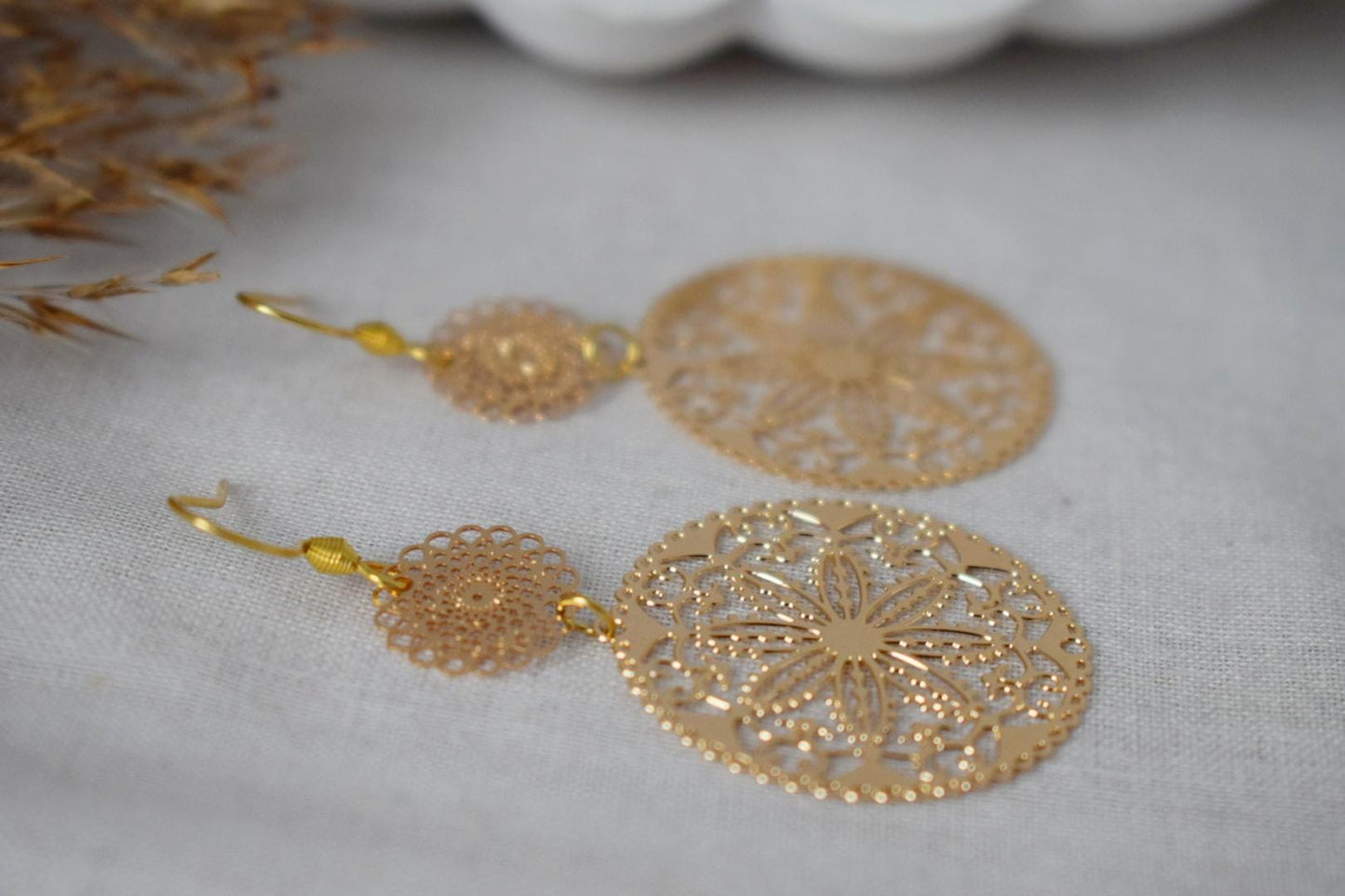 Ornament earrings for women, Long mandala golden filigree earrings, Boho dangle earrings, Stainless steel earrings, Jewelry gift for her