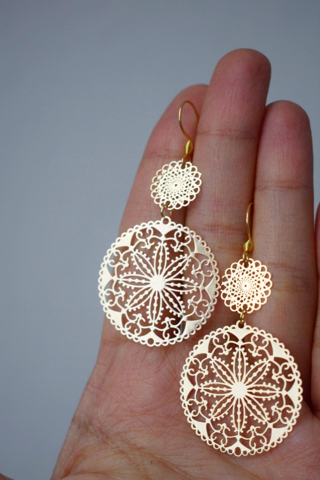 Ornament earrings for women, Long mandala golden filigree earrings, Boho dangle earrings, Stainless steel earrings, Jewelry gift for her