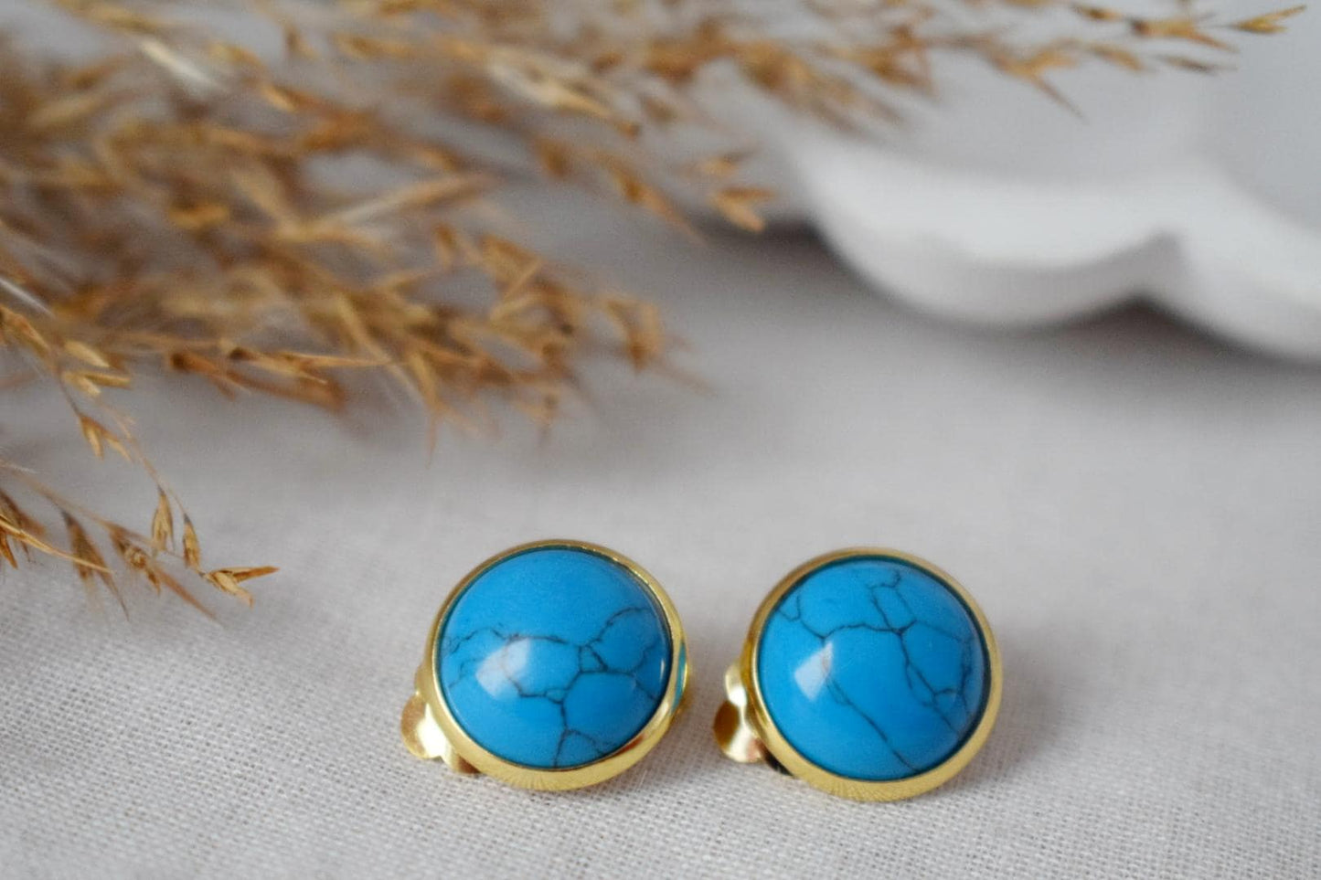 Turquoise clip on earrings, Blue gemstone ear clips, Lightweight non pierced earrings, No hole earrings, Handmade jewelry, Gift for her