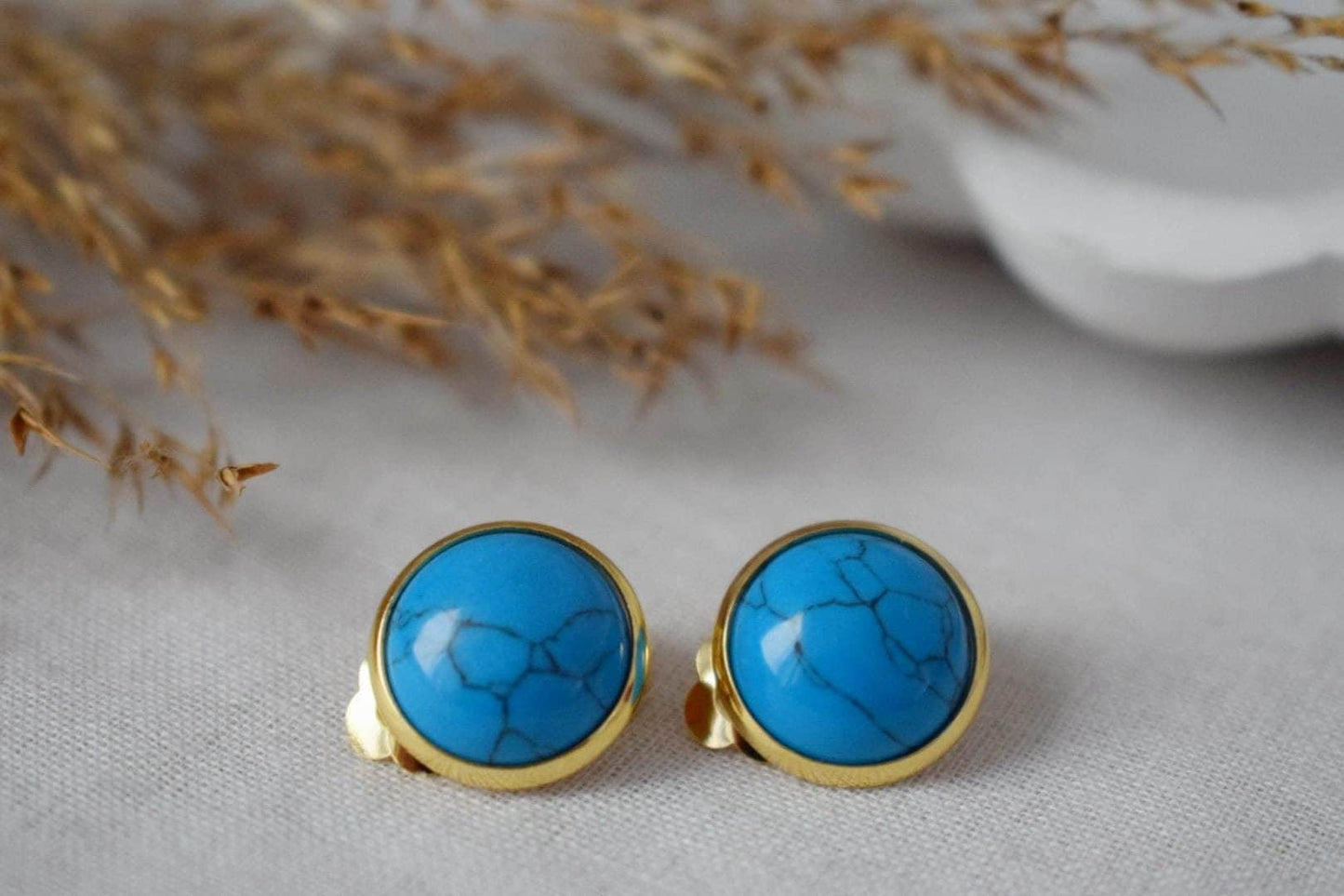 Turquoise clip on earrings, Blue gemstone ear clips, Lightweight non pierced earrings, No hole earrings, Handmade jewelry, Gift for her