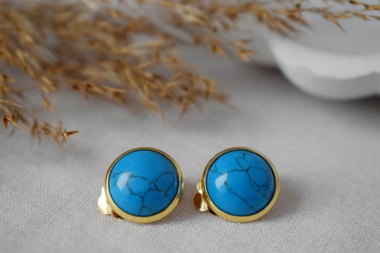 Turquoise clip on earrings, Blue gemstone ear clips, Lightweight non pierced earrings, No hole earrings, Handmade jewelry, Gift for her