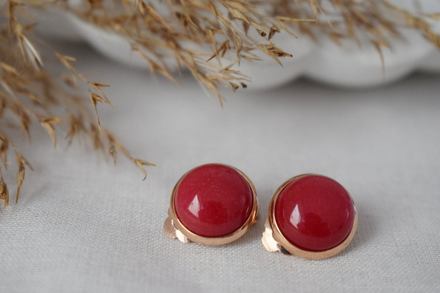 Red jade clip on earrings, Rose gold clip on earrings, Gemstone earrings, Non pierced earrings women girl, Bridesmaid Jewelry, Gift for her