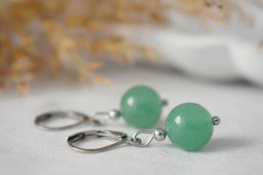 Sterling Silver Dangling Hoop Earrings with Green Gemstone Aventurine, Bead Huggies, Hanging Ball Stone Earrings, Jewelry Gift For Her