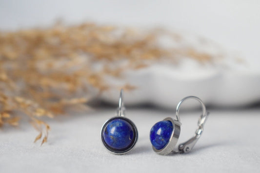 Small Lapis Lazuli Earrings Dangle, Blue Gemstone Earrings, 10mm Lever back earrings, Round Stone, September Birthstone Jewelry, Gift