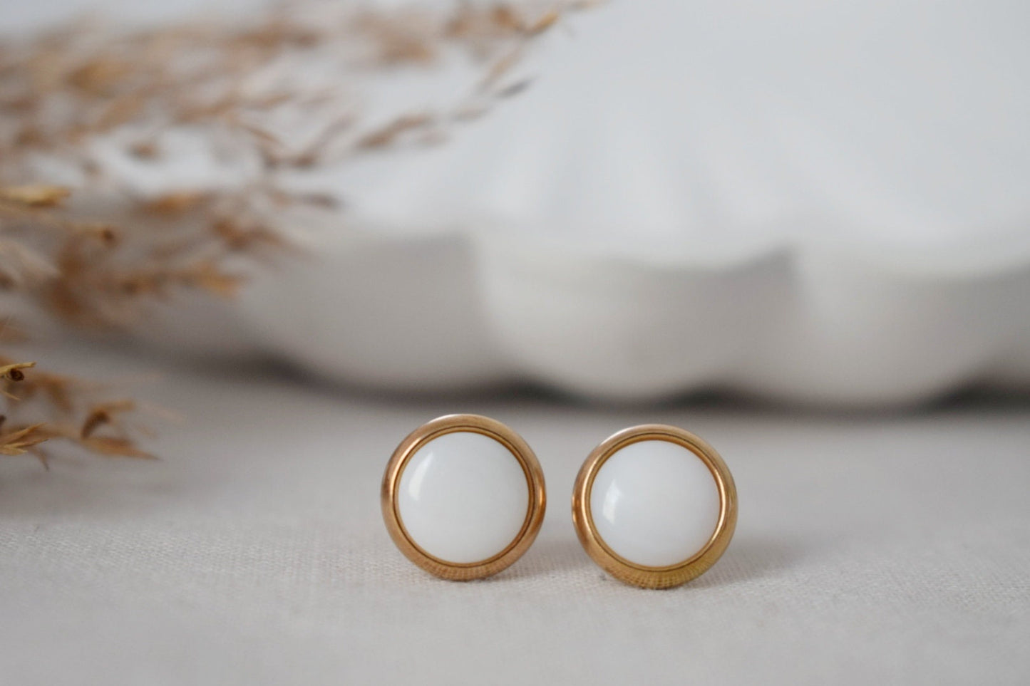 Mother of pearl stud earrings, Rose Gold, Small stud earrings, 8mm, White pearl, Round, Stainless steel, Pearl rose gold jewelry, Gift women