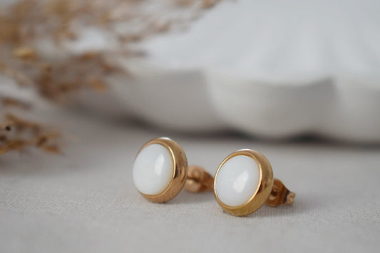 Mother of pearl stud earrings, Rose Gold, Small stud earrings, 8mm, White pearl, Round, Stainless steel, Pearl rose gold jewelry, Gift women