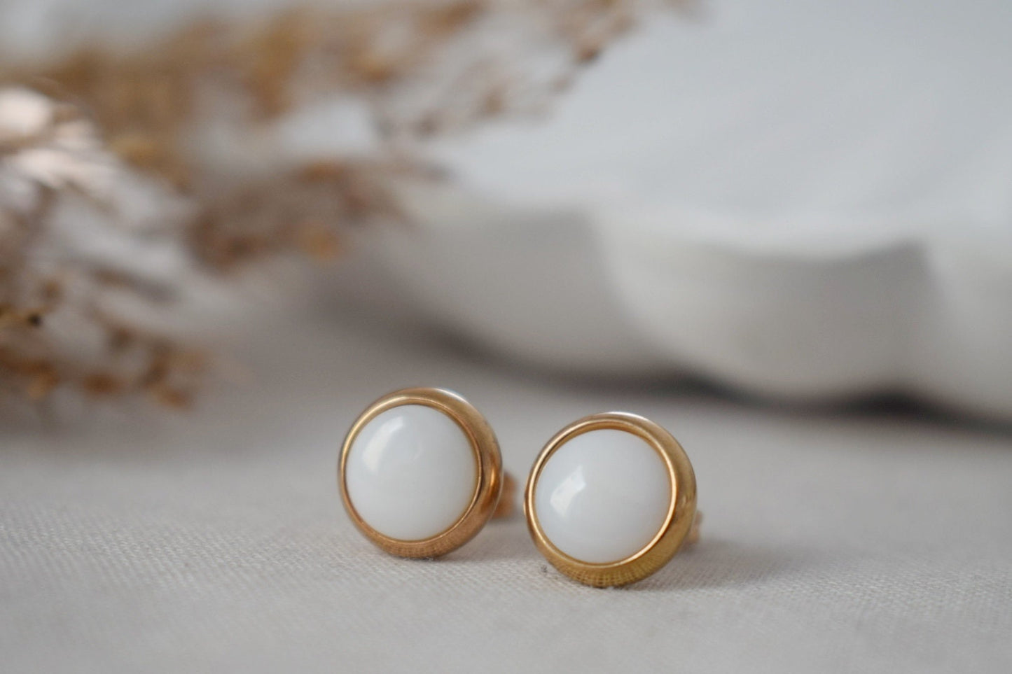 Mother of pearl stud earrings, Rose Gold, Small stud earrings, 8mm, White pearl, Round, Stainless steel, Pearl rose gold jewelry, Gift women