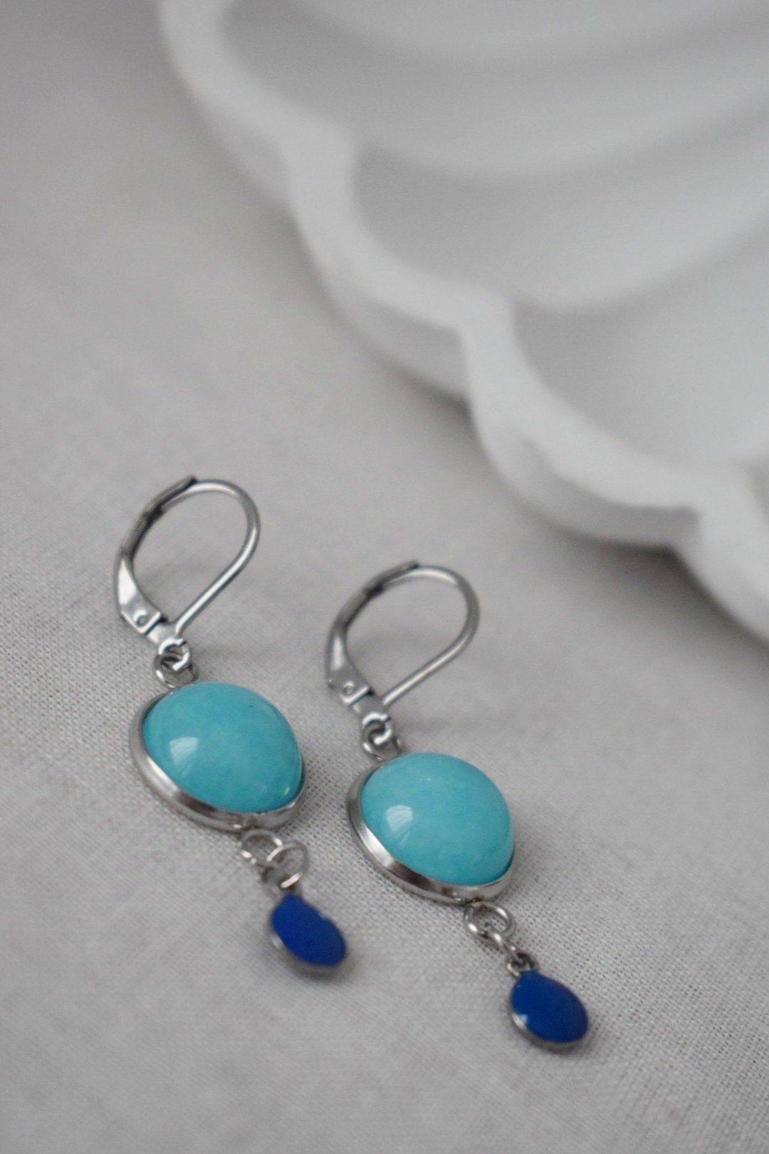 Turquoise Jade Enamel Dangle Earrings, Boho Handmade Gemstone Jewelry, Unique Christmas Gift for Her, Turquoise Stone Earrings